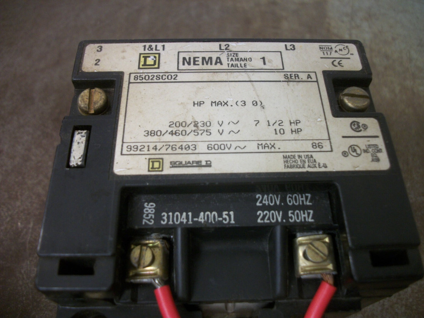 SQUARE D SIZE 1 CONTACTOR 8502SCO2 240VCOIL 3PH 600V 10HP