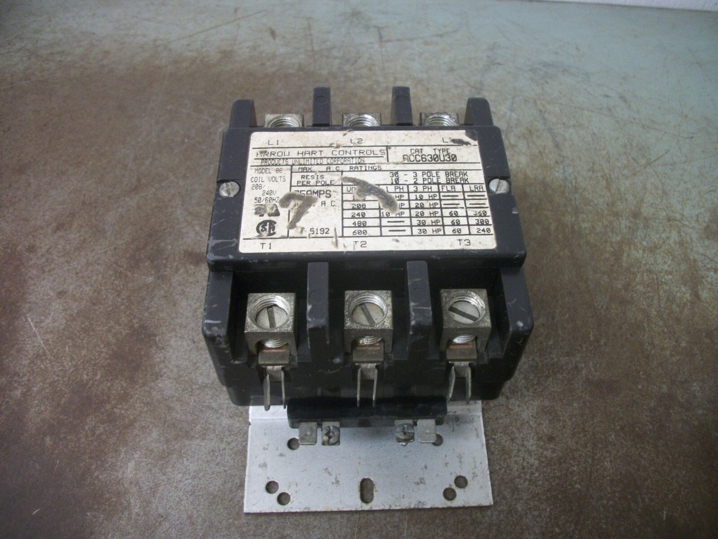ARROW HART DEFINITE PURPOSE CONTACTOR 75AMP 208/240VCOIL 3PH 600V 30HP NOB