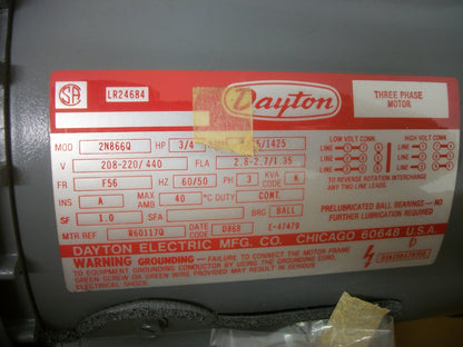 DAYTON 3/4HP F56 TEFC AC MOTOR 2N866Q 440VOLT 3PH 1425RPM NIB