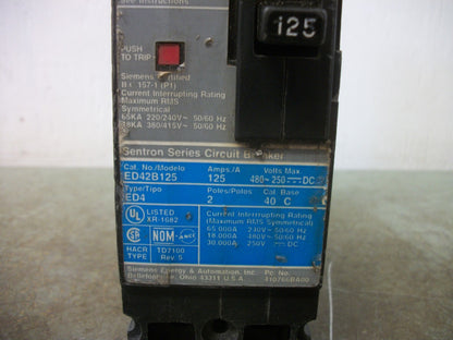 SIEMENS SENTRON ED4 CIRCUIT BREAKER ED42B125 125AMP 480VOLT 2POLE