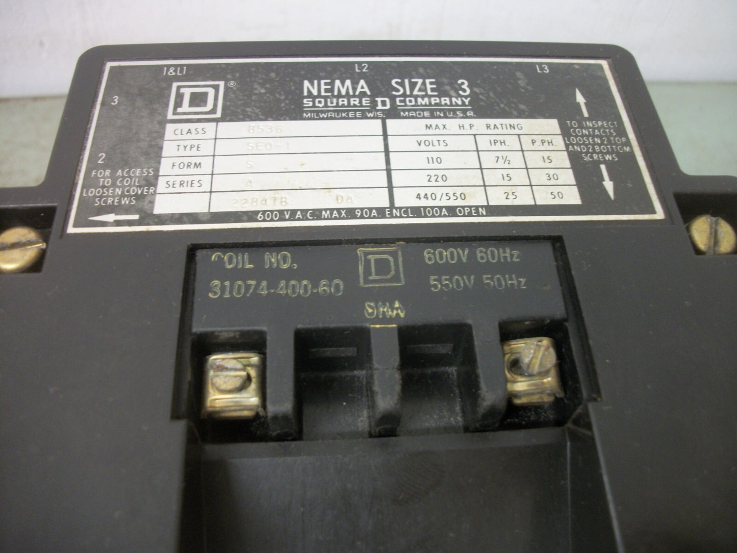 SQUARE D SIZE 3 CONTACTOR 8536SEO1 600VCOIL 3PH 600V 50HP