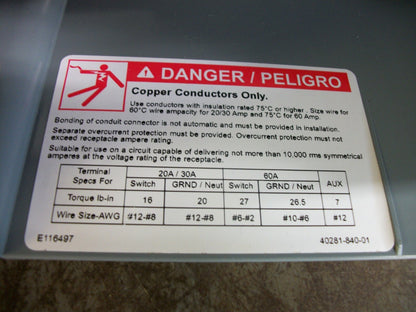 SQUARE D MD50 MOTOR DISCONNECT SWITCH TYPE 4X,12 MD560MI9 60AMP 120/208VOLT 3PH