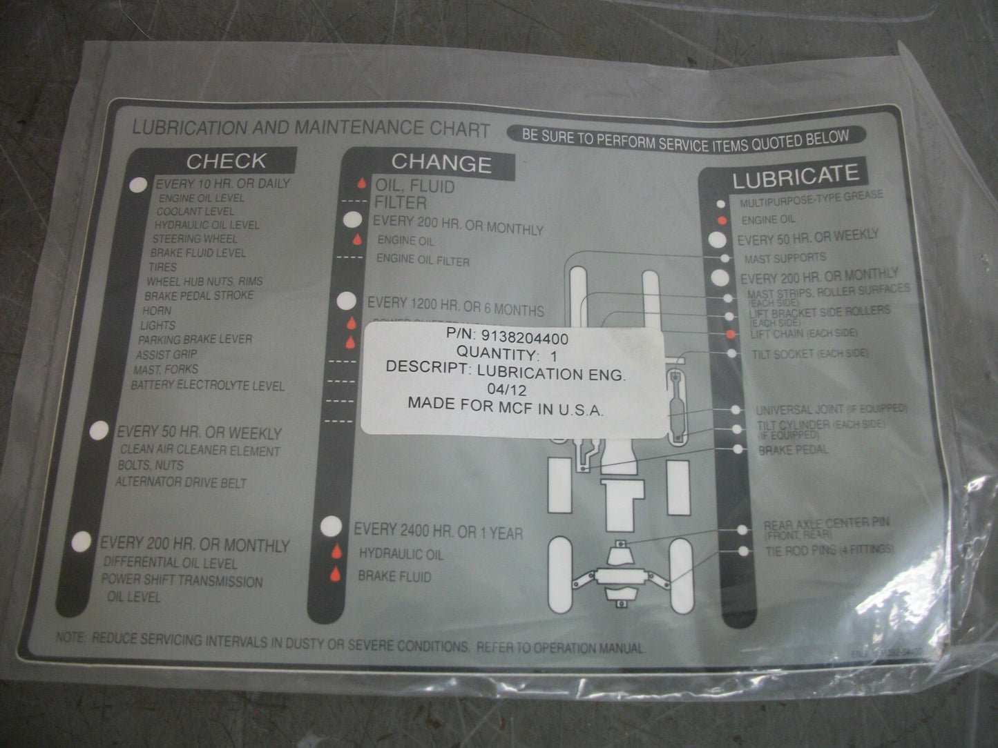 CAT LUBE CHART DECAL 9138204400 NEW