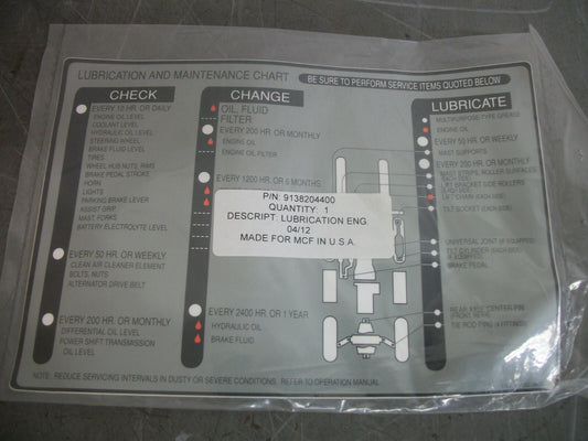 CAT LUBE CHART DECAL 9138204400 NEW