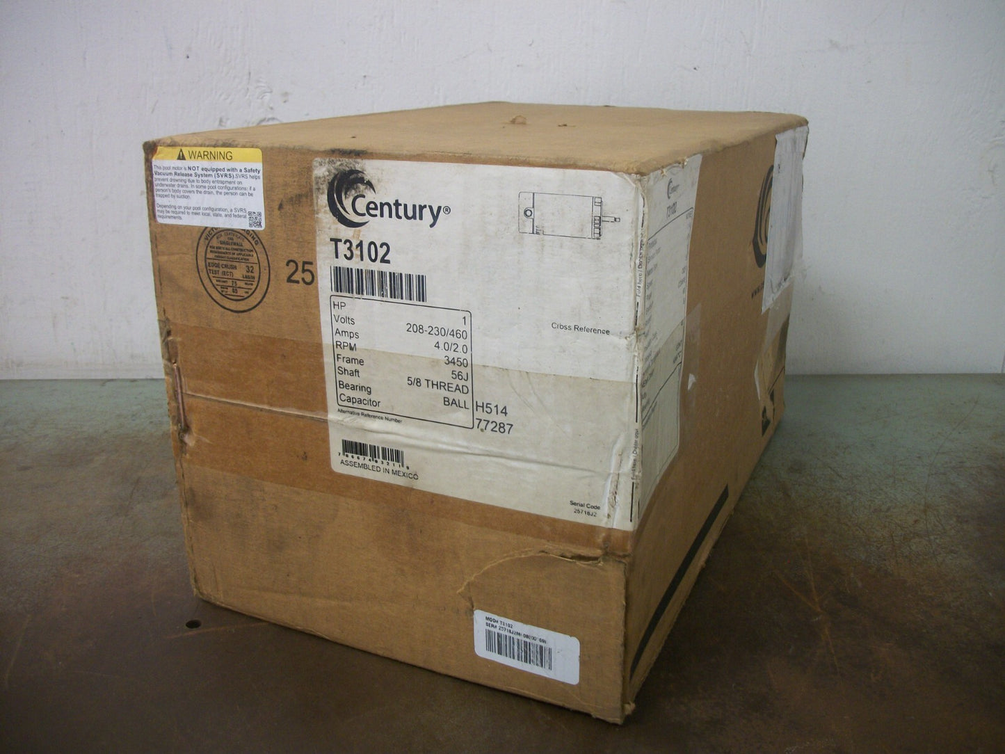 CENTURY 1HP 56J AC MOTOR T3102 460VOLT 3PH 3450RPM NIB