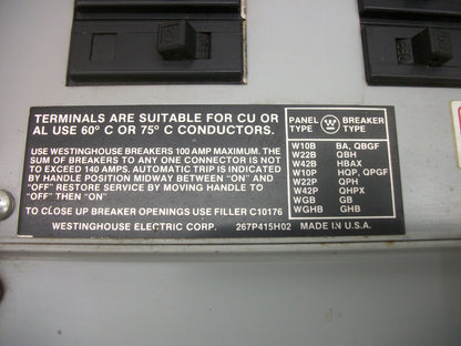 WESTINGHOUSE W10B PANELBOARD INTERIOR YS2042 225AMP 120/240VOLT 1PH NEW