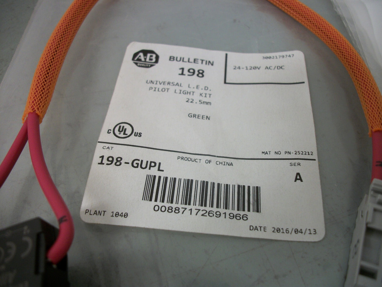 ALLEN-BRADLEY UNIVERSAL LED 22.5mm GREEN PILOT LIGHT KIT 198-GUPL 24-120VOLT NEW