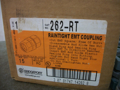 BRIDGEPORT BOX OF 10 1" RAINTIGHT EMT COUPLINGS 262-RT NIB