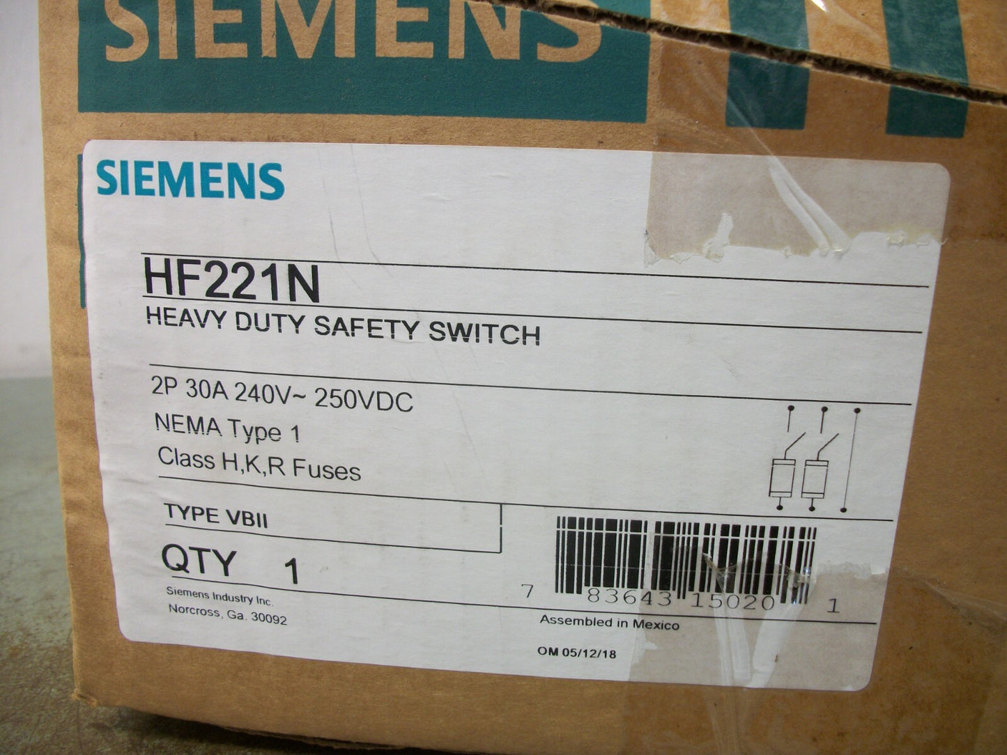 SIEMENS DISCONNECT TYPE 1 HF221N 30AMP 240VOLT 2POLE FUSIBLE NIB