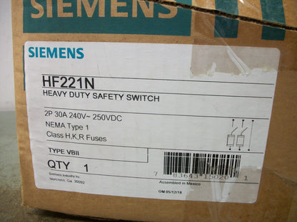 SIEMENS DISCONNECT TYPE 1 HF221N 30AMP 240VOLT 2POLE FUSIBLE NIB