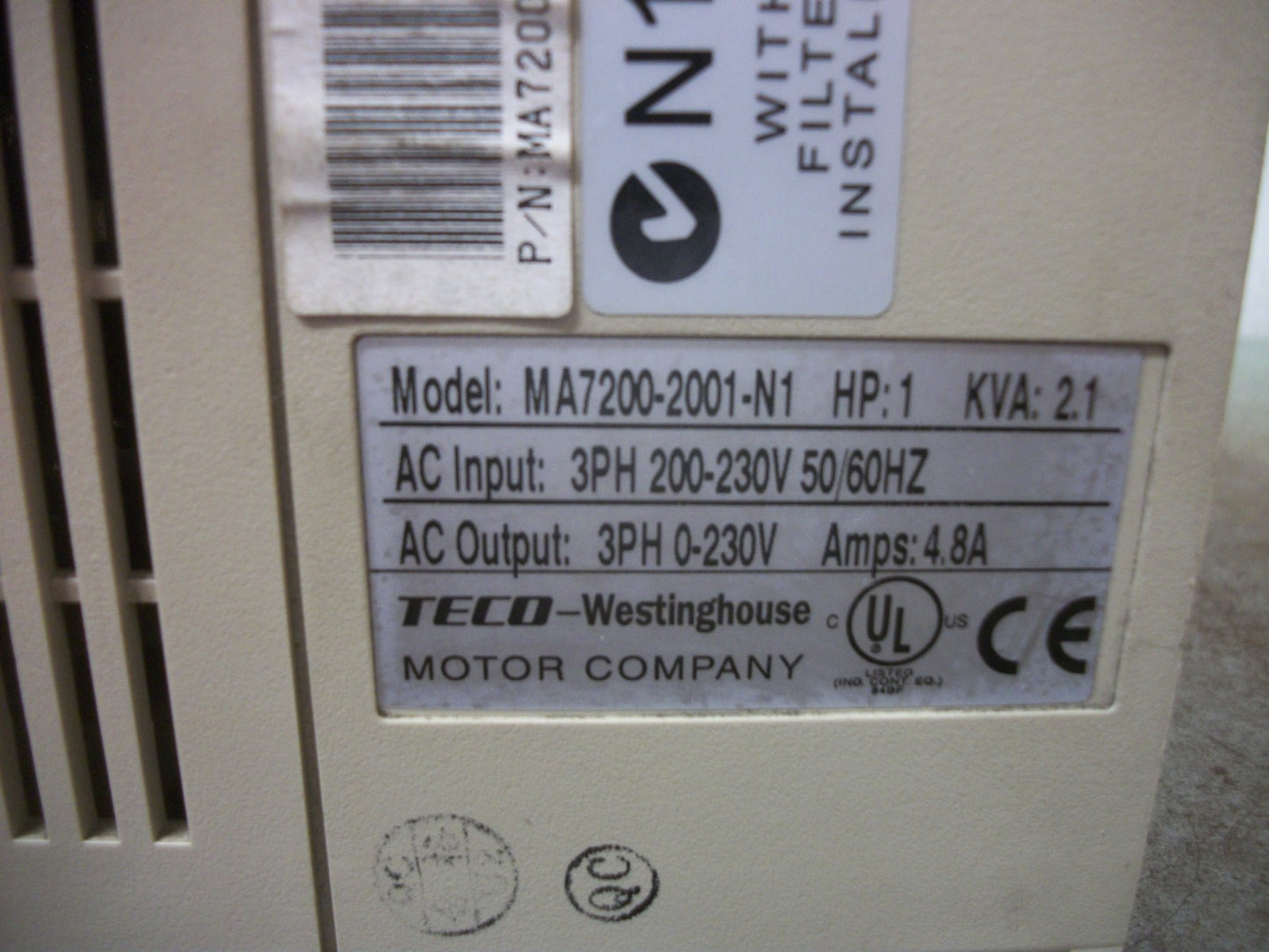 TECO MA7200 1HP ADJUSTABLE SPEED DRIVE MA7200-2001-N1 230VOLT 4.8AMP 3PH
