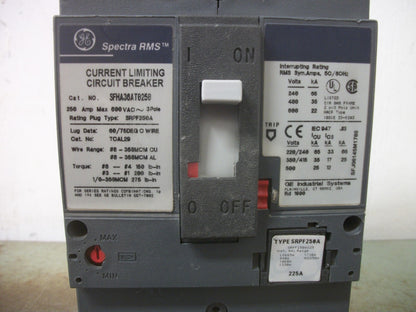 GE SPECTRA SFHA CIRCUIT BREAKER SFHA36AT0250 250AMP 600VOLT 3POLE W/225A TRIP HW