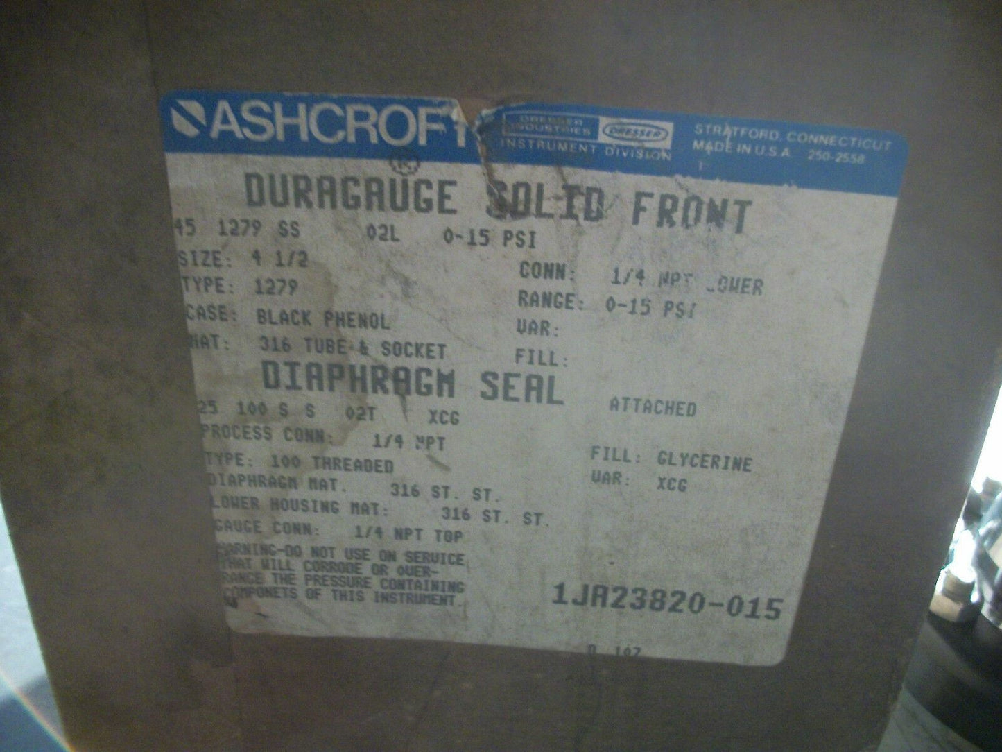 ASHCROFT TYPE 1279 SS DURAGAUGE SOLID FRONT PRESSURE GAUGE 1JA23820-015 0-15PSI