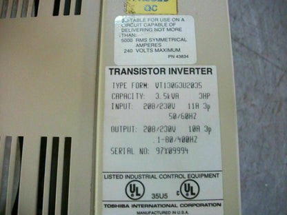 TOSHIBA G3 TOSVERT-130 3HP TRANSISTOR INVERTER DRIVE VT130G3U2035 3.5kVA 230V