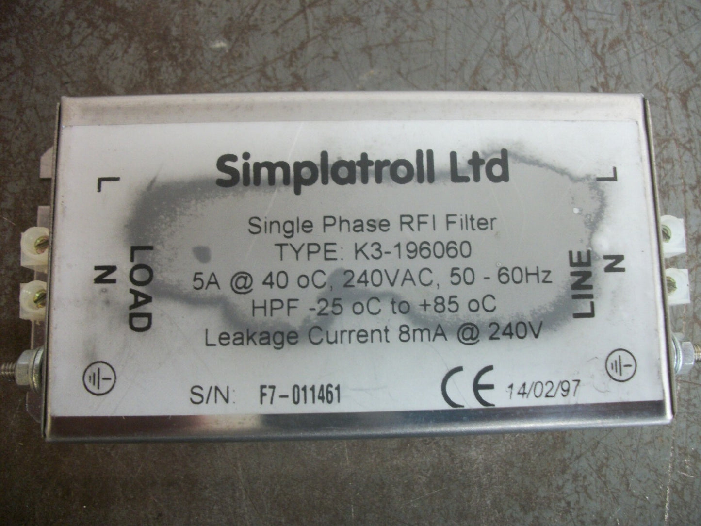SIMPLATROLL LTD 1PH RFI FILTER K3-196060 8mA @ 240VOLT