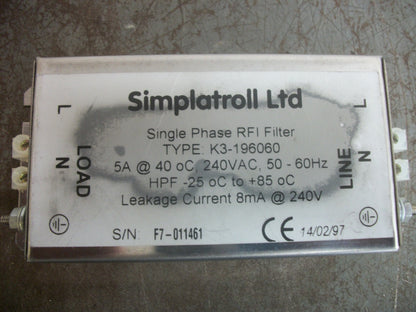 SIMPLATROLL LTD 1PH RFI FILTER K3-196060 8mA @ 240VOLT