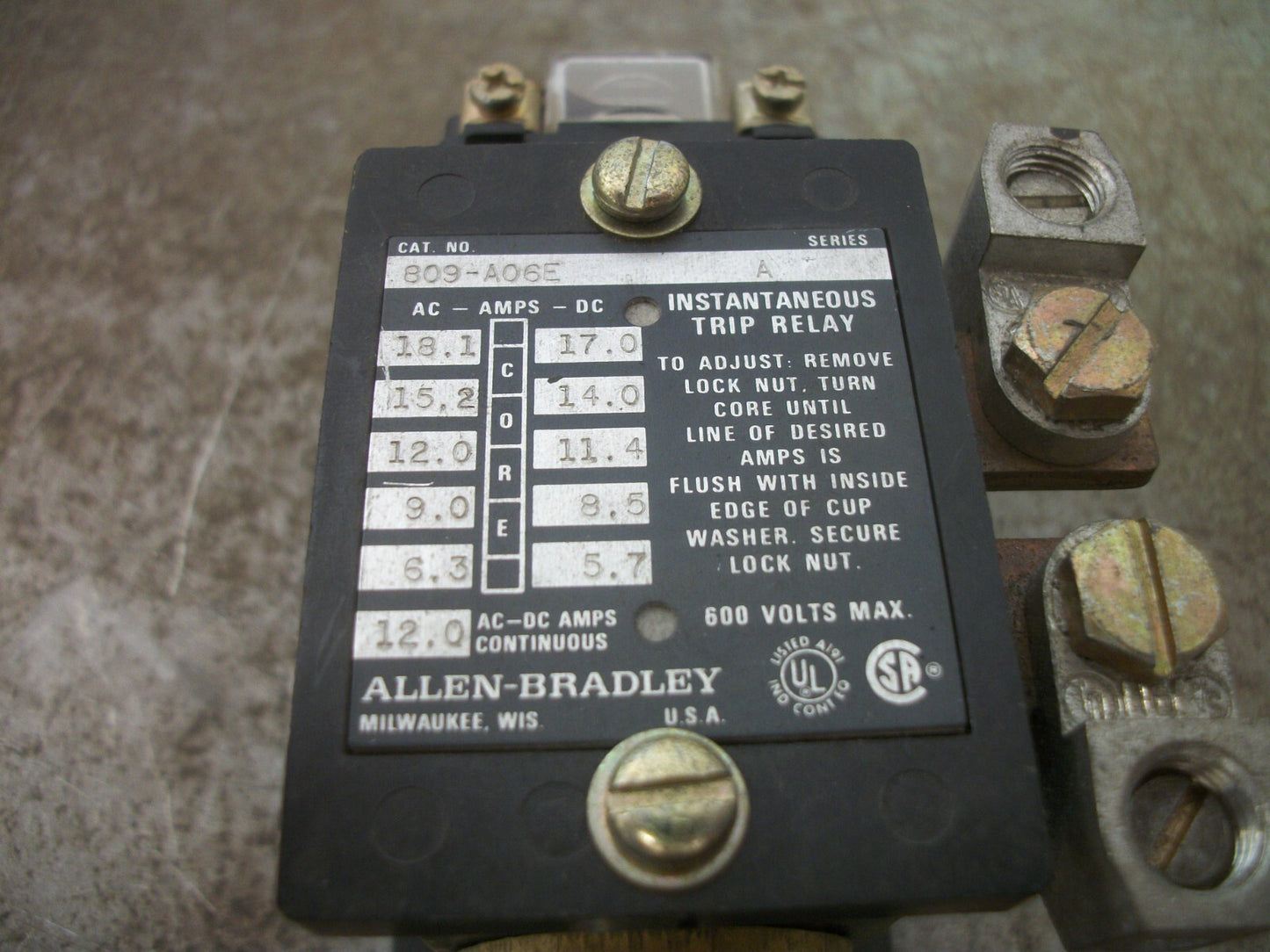ALLEN-BRADLEY INSTANTANEOUS TRIP RELAY 809-A06E 12AMP 600VOLT NOB