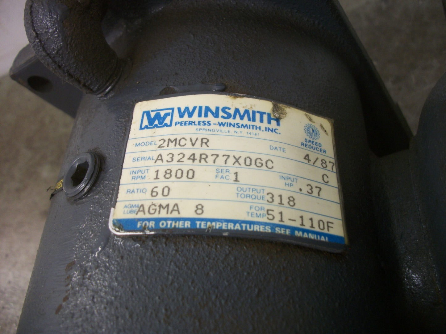 WINSMITH 60:1 GEAR BOX SPEED REDUCER 2MCVR 1800RPM .37HP NOB