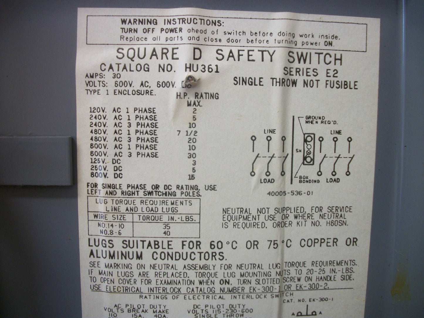 SQUARE D DISCONNECT TYPE 1 HU361 30AMP 600VOLT 3POLE NON-FUSIBLE