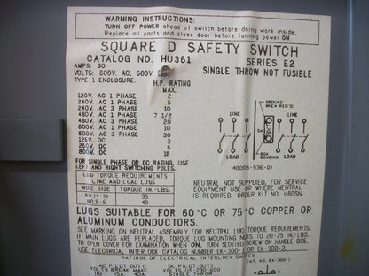 SQUARE D DISCONNECT TYPE 1 HU361 30AMP 600VOLT 3POLE NON-FUSIBLE
