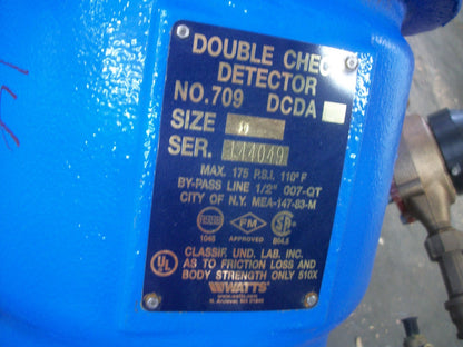 WATTS SIZE 0 1/2" BYPASS DOUBLE CHECK DETECTOR ASSEMBLY NO. 709 DCDA 175PSI NEW