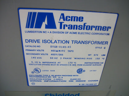 ACME 145KVA 3PH TRANSFORMER DTGB-0145-4S HV 460D W/FC TAPS LV 460Y/266