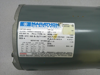 MARATHON ELECTRIC 1.5HP 56H-70 DP AC MOTOR K022 460VOLT 3PH 1725RPM NOB