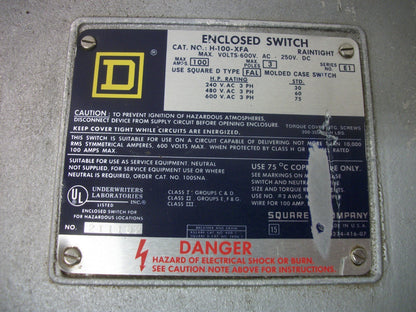 SQUARE D ENCL CIRCUIT BREAKER 3R H-100-XFA 100AMP 600VOLT 3POLE W/BREAKER NOB