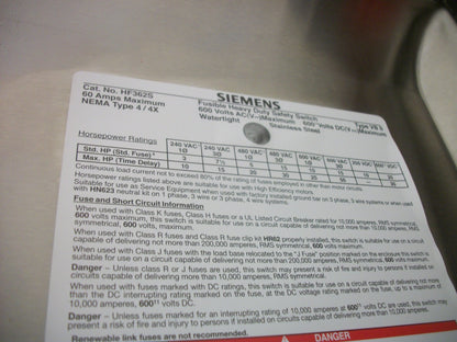 SIEMENS DISCONNECT SS TYPE 4,4X HF362S 60AMP 600VOLT 3POLE FUSIBLE NIB