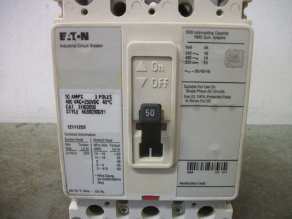 CUTLER-HAMMER EHD CIRCUIT BREAKER EHD3050 50AMP 480VOLT 3POLE FADED