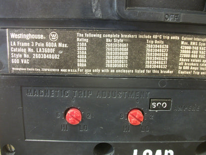 WESTINGHOUSE LA CIRCUIT BREAKER LA3600F 600AMP 600VOLT 3POLE W/600A TRIP + AUX
