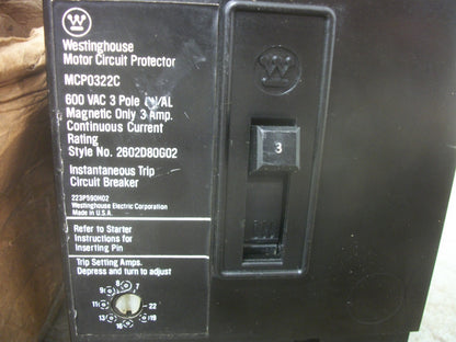 WESTINGHOUSE MCP CIRCUIT BREAKER MCP0322C 3AMP 600VOLT 3POLE NIB CHIPPED