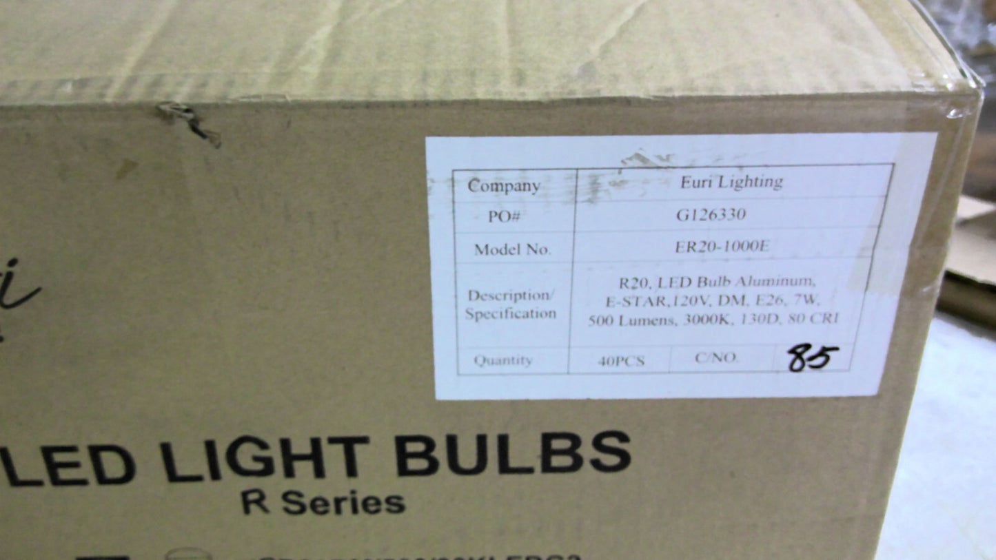EURI LIGHTING BOX OF 40 R20 LED BULBS ER20-1000E 120VOLT 7W 500 LUMENS 3000K NIB
