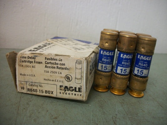 EAGLE BOX OF 6 TIME DELAY CARTRIDGE FUSES R640-15-BOX 15AMP 250VOLT NIB
