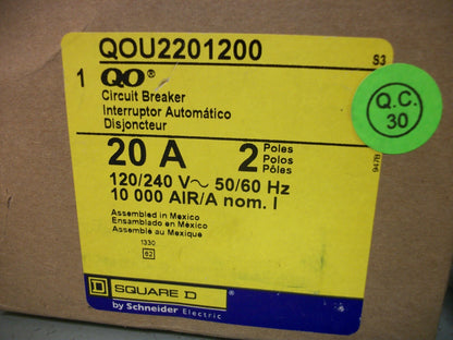 SQUARE D QOU CIRCUIT BREAKER QOU2201200 20AMP 240VOLT 2POLE W/AUX NIB