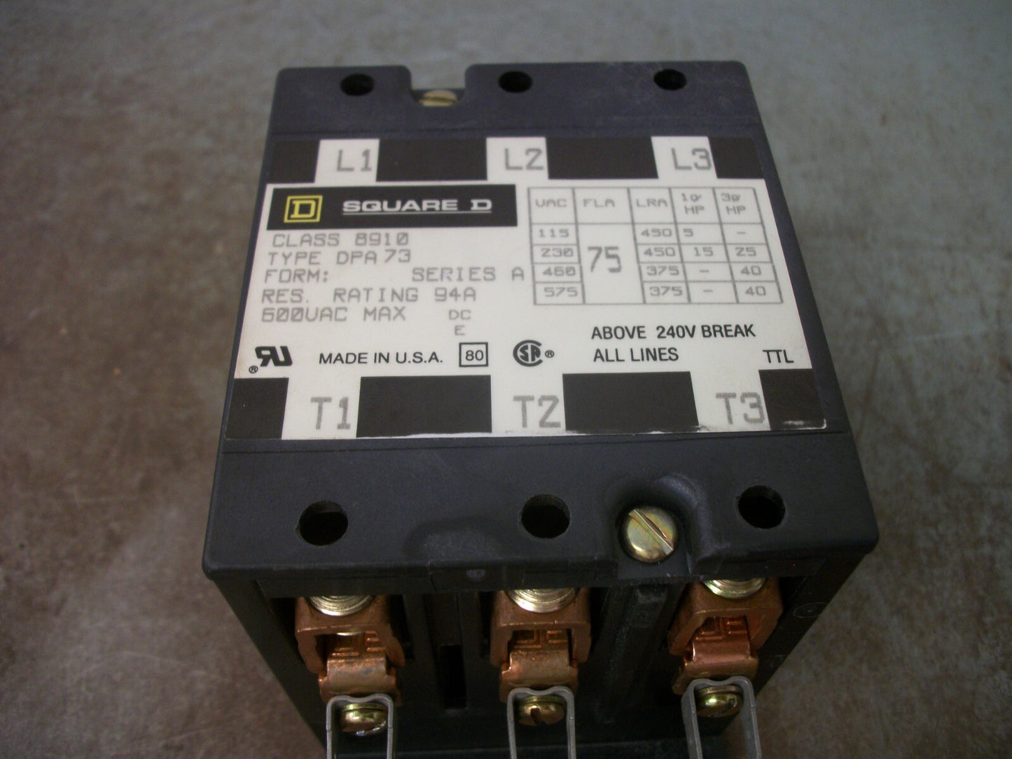 SQUARE D DEFINITE PURPOSE CONTACTOR 8910DPA73 75AMP 24VCOIL 3PH 600V 40HP