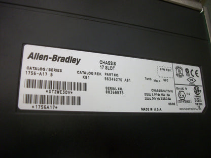 ALLEN-BRADLEY 17-SLOT PLC RACK CHASSIS 1756-A17 W/1756-PA75/B