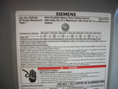 SIEMENS DISCONNECT TYPE 1 HNF361 30AMP 600VOLT 3POLE NON-FUSIBLE