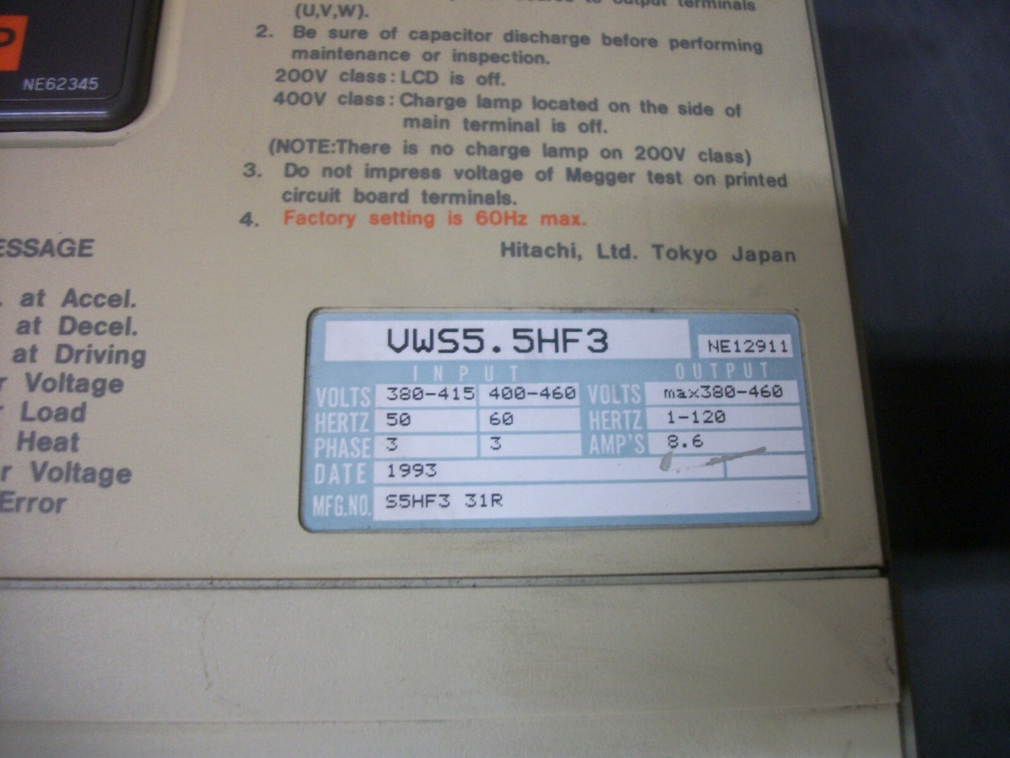 HITACHI HFC-VWS TRANSISTOR INVERTER DRIVE VWS5.5HF3 460VOLT 3PH 8.6AMP