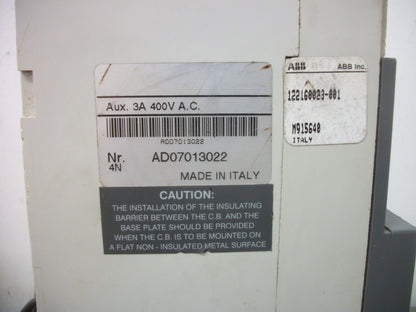 ABB SACE S4 S4N CIRCUIT BREAKER 122160023-001 250AMP 600VOLT 3POLE SHUNT+AUX NOB