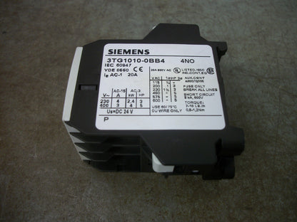 SIEMENS MINI CONTACTOR 3TG1010-0BB4 20AMP 24VCOIL 3PH 600V 5HP