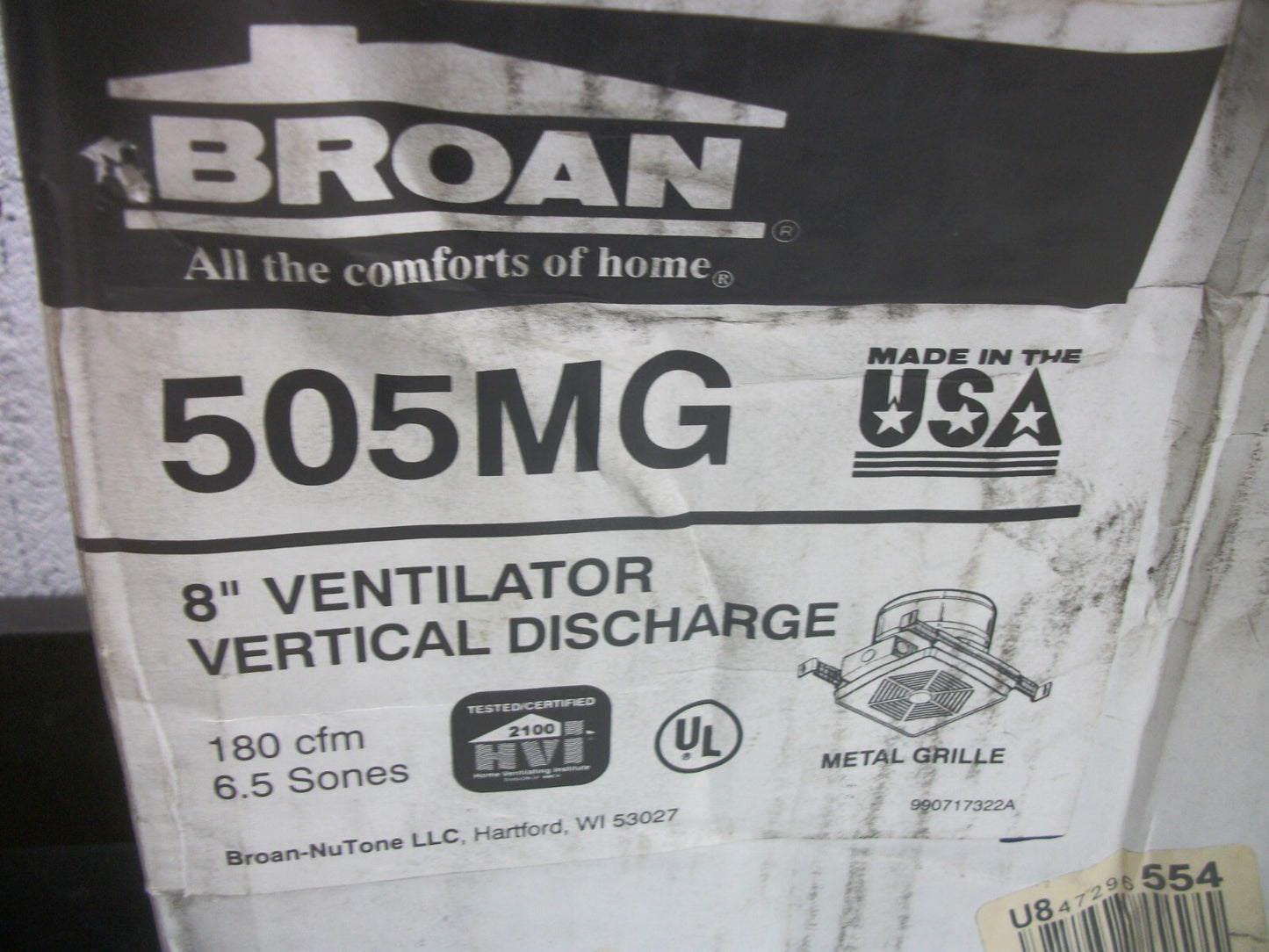 BROAN 8" VERTICAL DISCHARGE VENTILATOR 505MG 180CFM 6.5SONES NIB