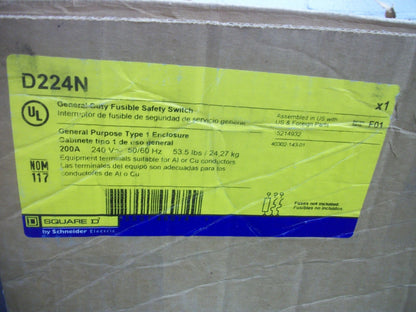 SQUARE D DISCONNECT TYPE 1 D224N 200AMP 240VOLT 2POLE FUSIBLE NIB