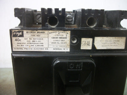 FEDERAL PACIFIC NEF CIRCUIT BREAKER NEF433015 15AMP 480VOLT 3POLE
