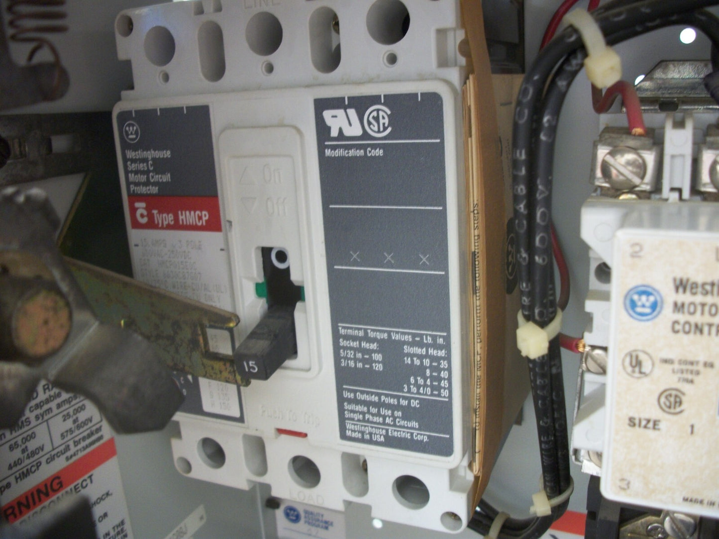 WESTINGHOUSE MCC STARTER BUCKET SIZE 1 A200M1CAC 120VCOIL 15AMP BREAKER