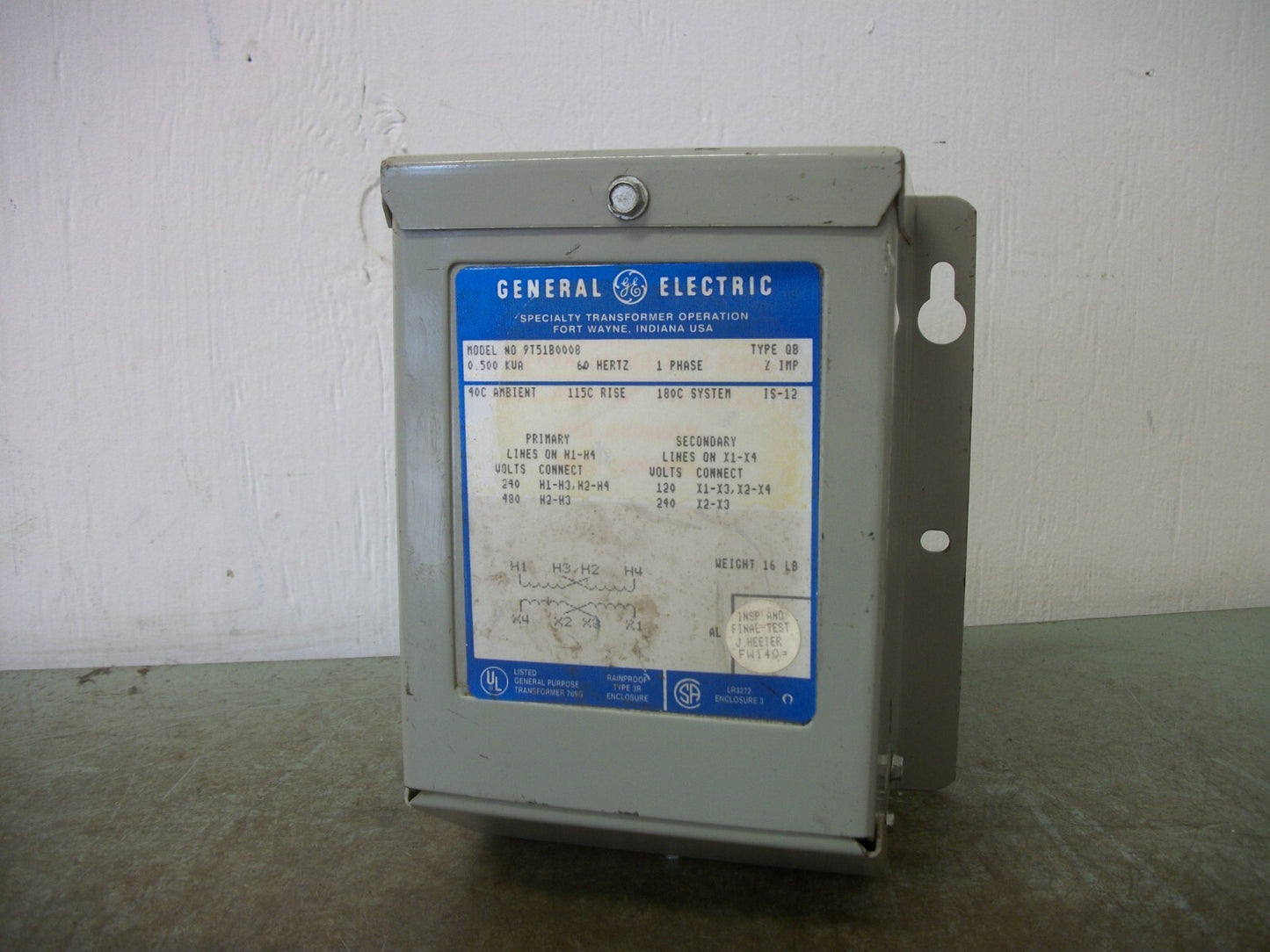 GE 0.500KVA 1PH TRANSFORMER 9T51B0008 HV 240X480 LV 120/240 NOB