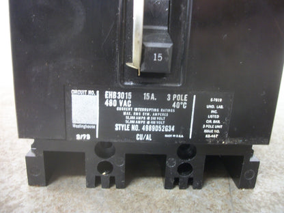 WESTINGHOUSE EHB CIRCUIT BREAKER EHB3015 15AMP 480VOLT 3POLE