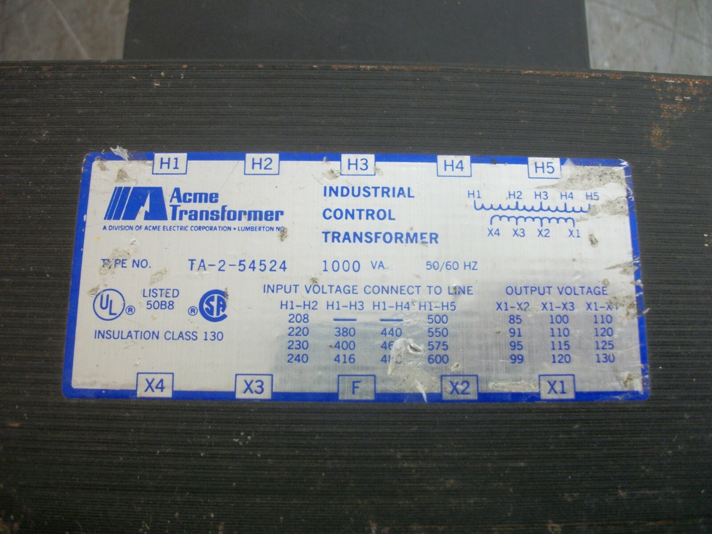 ACME 1000VA 1PH TRANSFORMER TA-2-54524 HV 208X600 LV 85/130