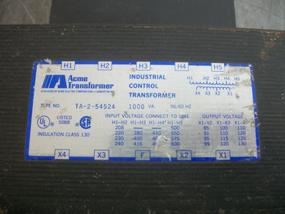 ACME 1000VA 1PH TRANSFORMER TA-2-54524 HV 208X600 LV 85/130