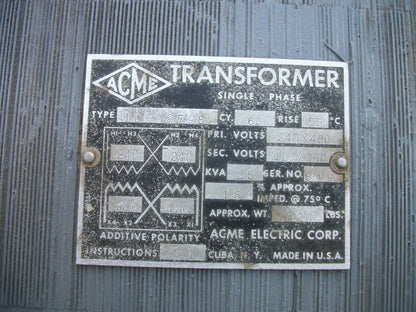 ACME 25KVA 1PH TRANSFORMER TLP-2798 HV 240X480 LV 120/240 REFURB